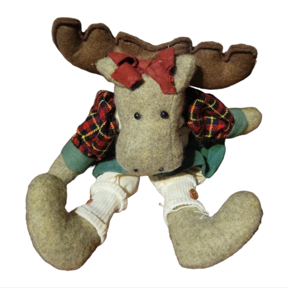Vtg Cabin Fever Stuffed Moose Green Dress Red Plaid Hand Crafted